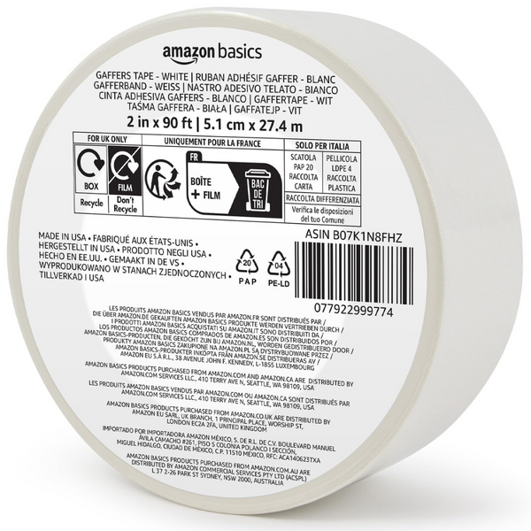 2" x 90' Amazon Basics No Residue Non-Reflective Gaffers Tape (White)