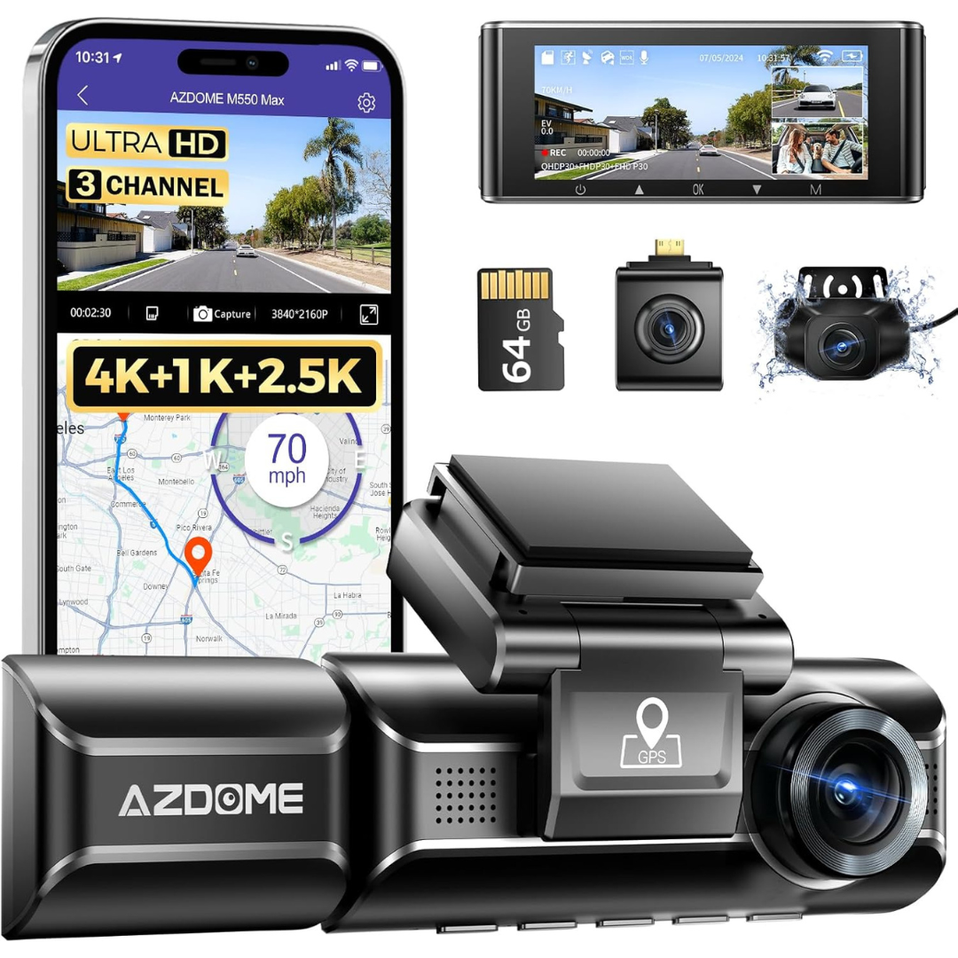 Azdome M550 Max 4K 3 Channel Triple Dash Cam with 64GB Card