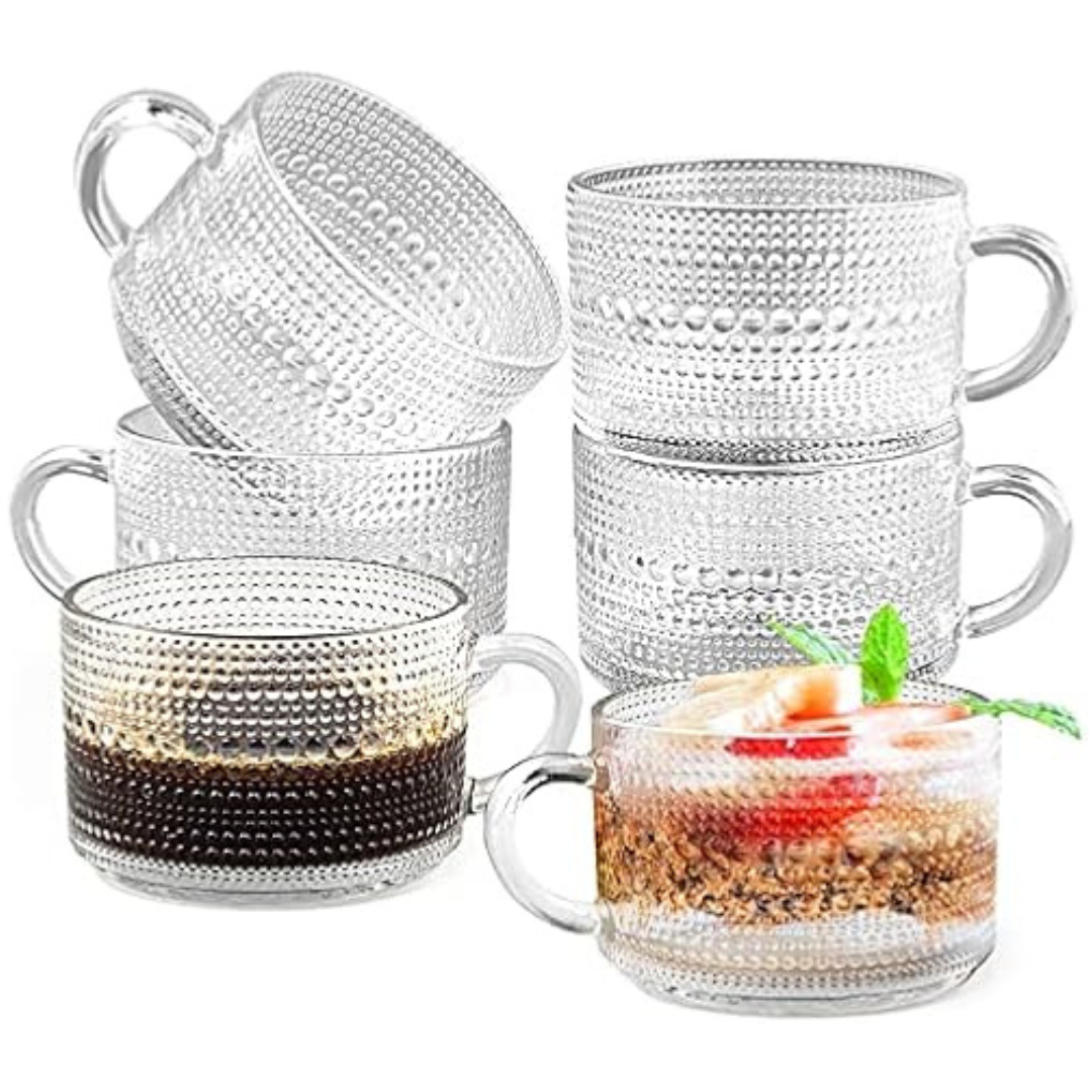 6-Piece Vintage Clear Embossed Glass Coffee Mugs, 16 oz