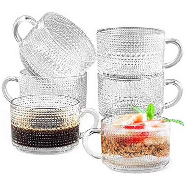 6-Piece Vintage Clear Embossed Glass Coffee Mugs, 16 oz