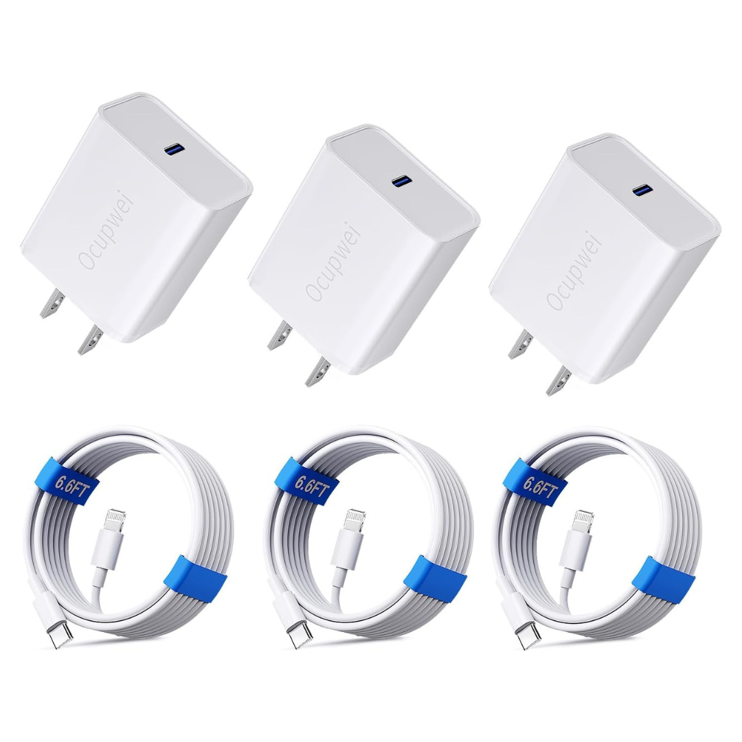 3-Pack MFi Certified 20W PD USB-C Wall Charger Adapter W/ 6.6ft Cables