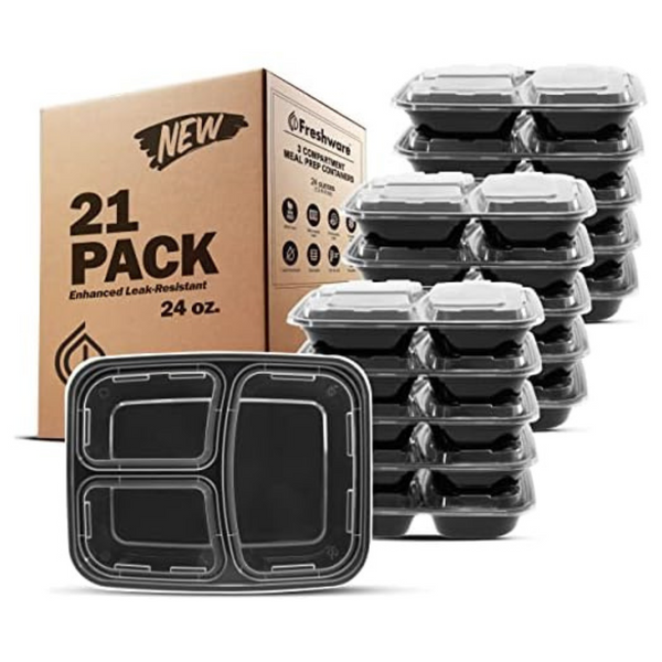 21-Pack Freshware Meal Prep Containers With 3 Compartment & Lids, 24 Oz