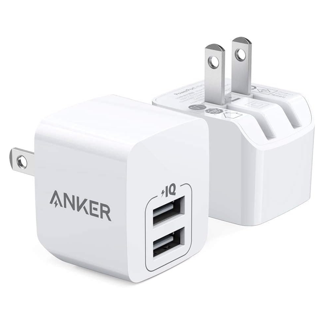 2-Pack Anker Dual Port 12W Foldable Wall Charger Adapter Plug