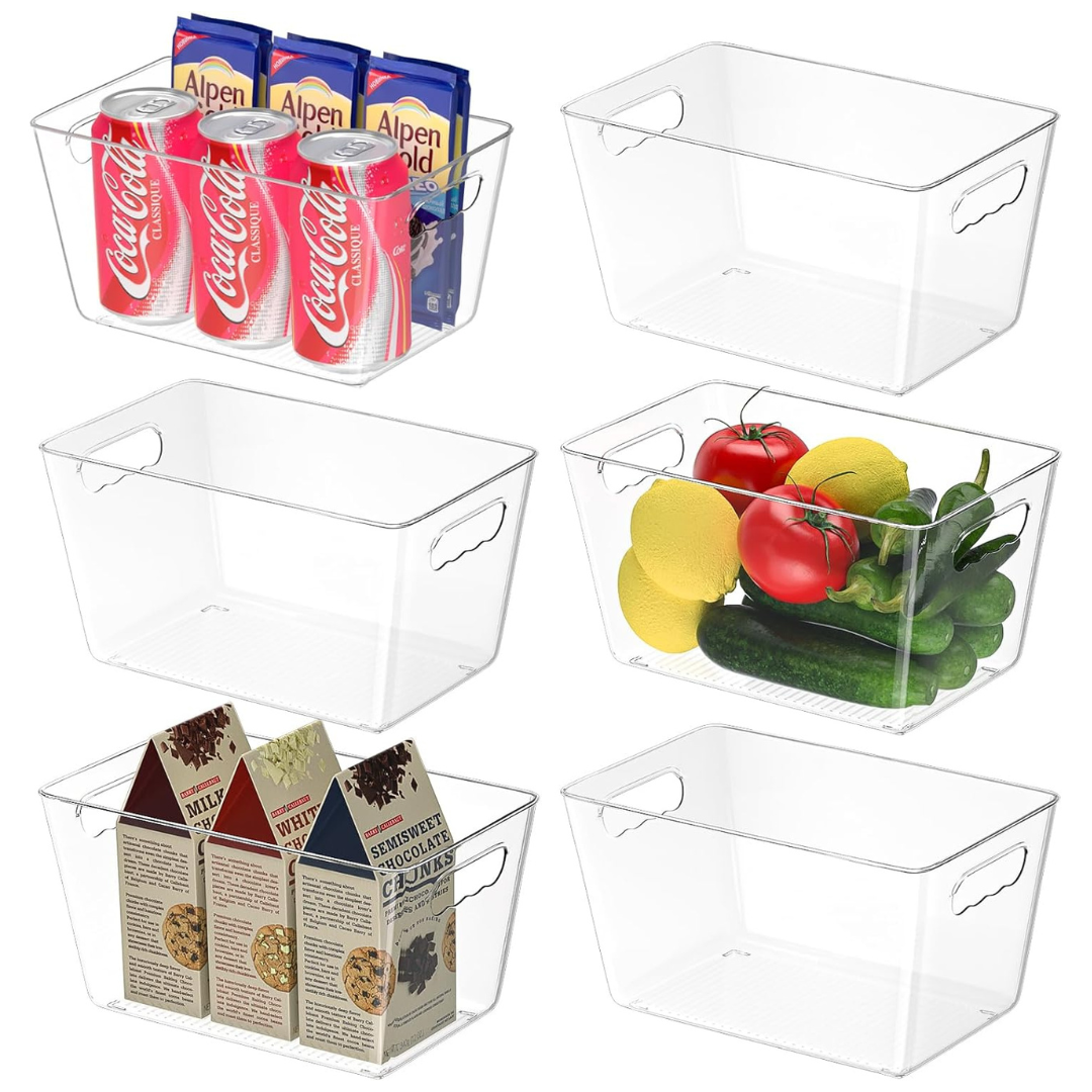 6-Pack Plastic Clear Pantry Organizers and Storage Bins with Handles