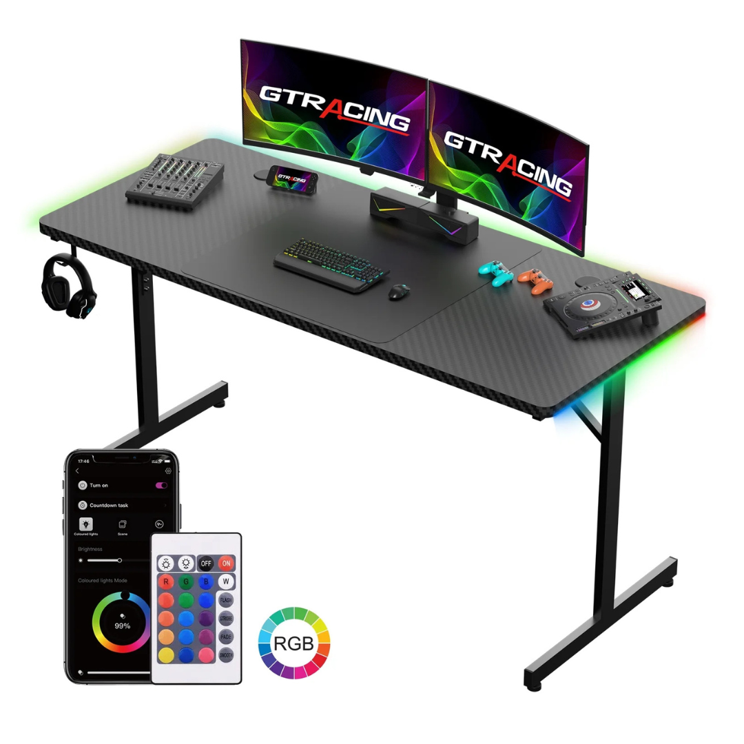 GTRacing 55" Large T-Shaped RGB Gaming Desk (Black)