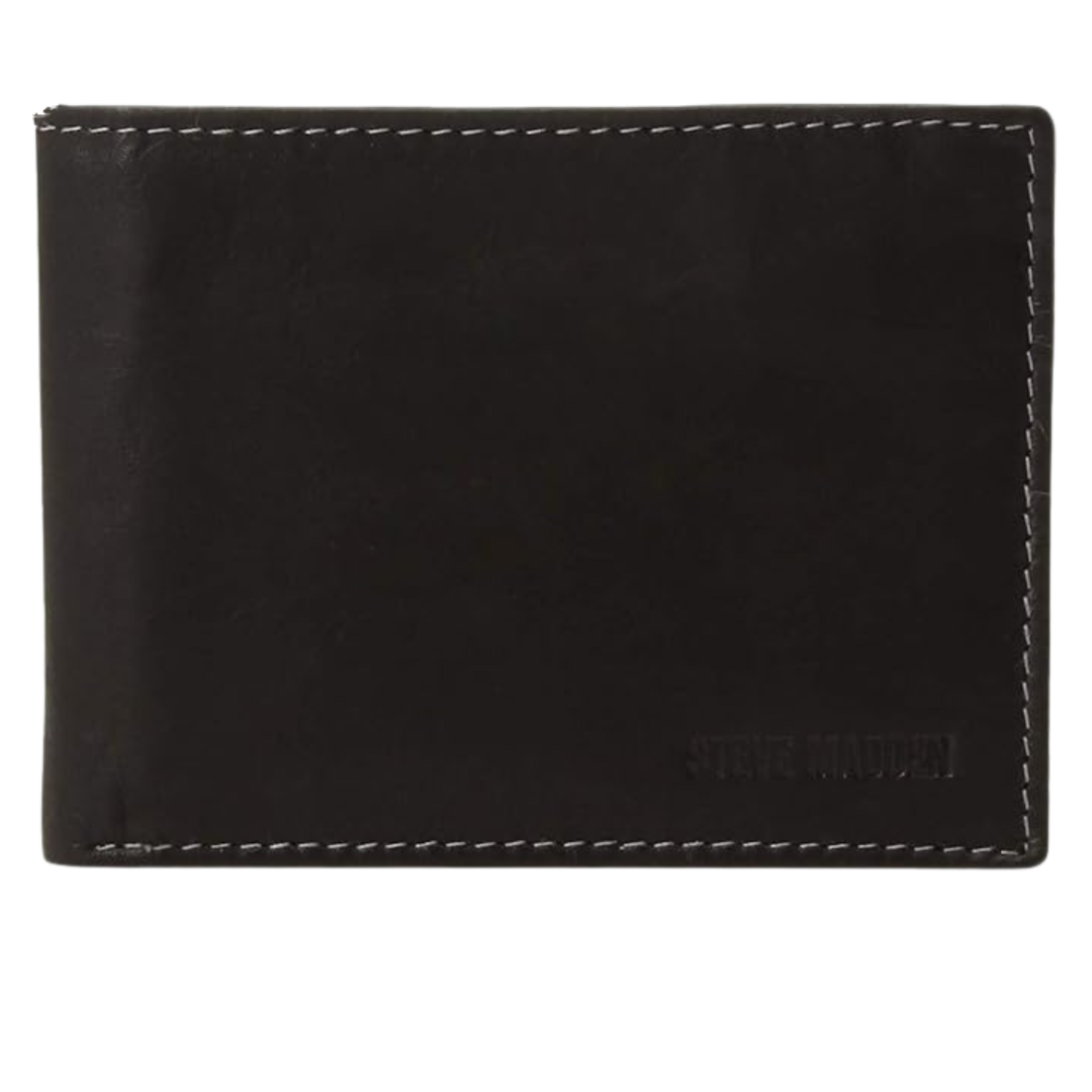 Steve Madden Men's Slim Leather Wallet With Extra Capacity Attached Flip Pockets