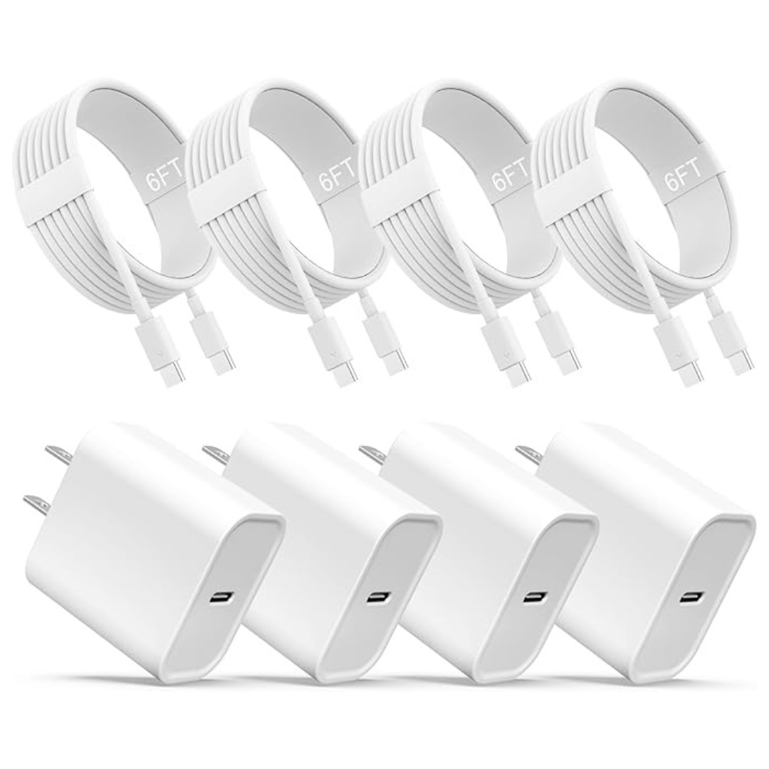 4-Pack USB-C Fast Wall Charger Adapter W/ 4-Pack 6-Ft USB-C Cable