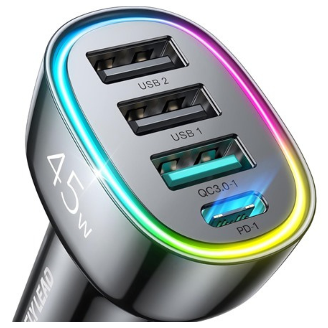 2-Pack 45W 4 Ports PD3.0 & QC3.0 30W Super Fast USB-C & USB-A Car Charger