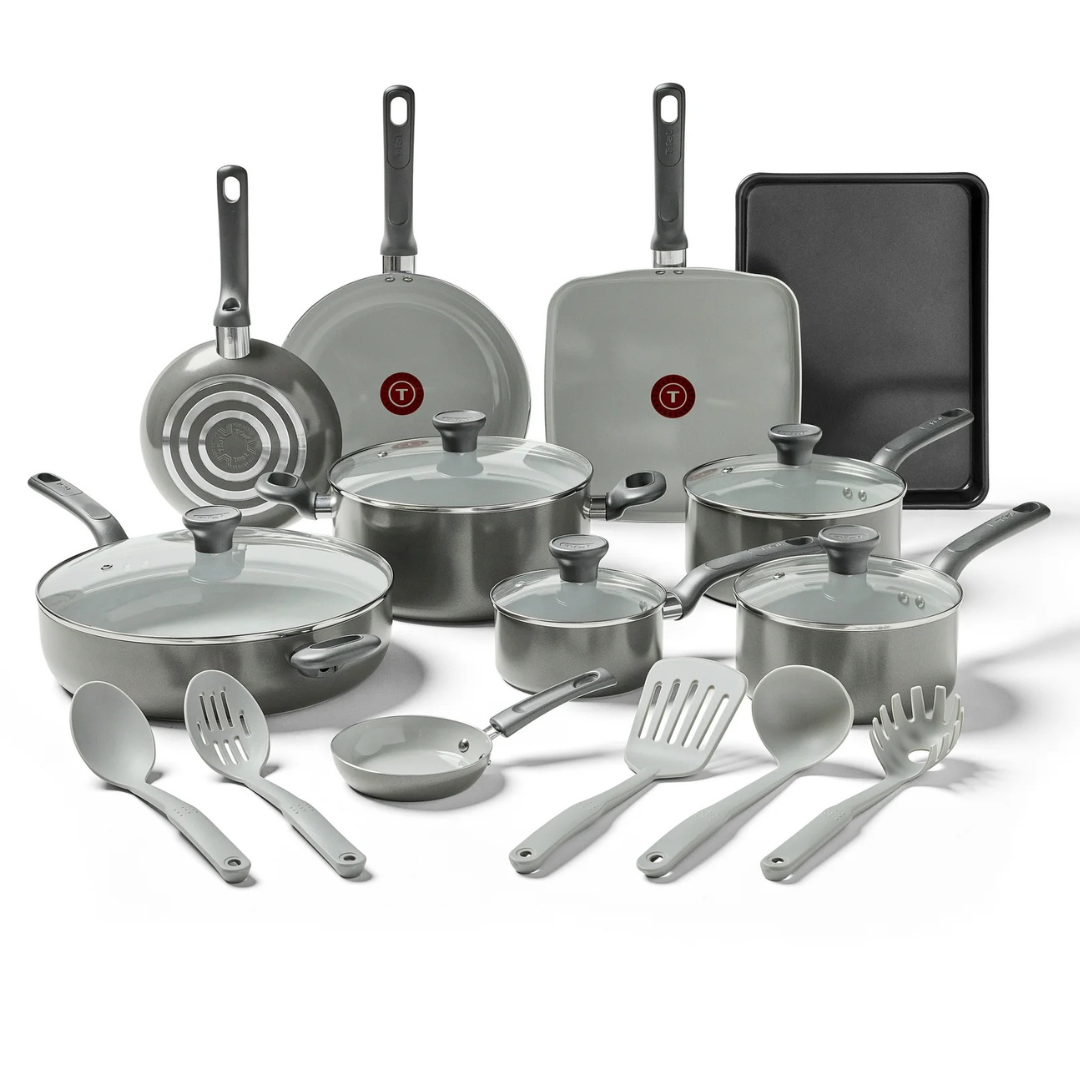 20-Piece T-fal Ceramic Pots and Pans Cookware Set (Stone Grey)