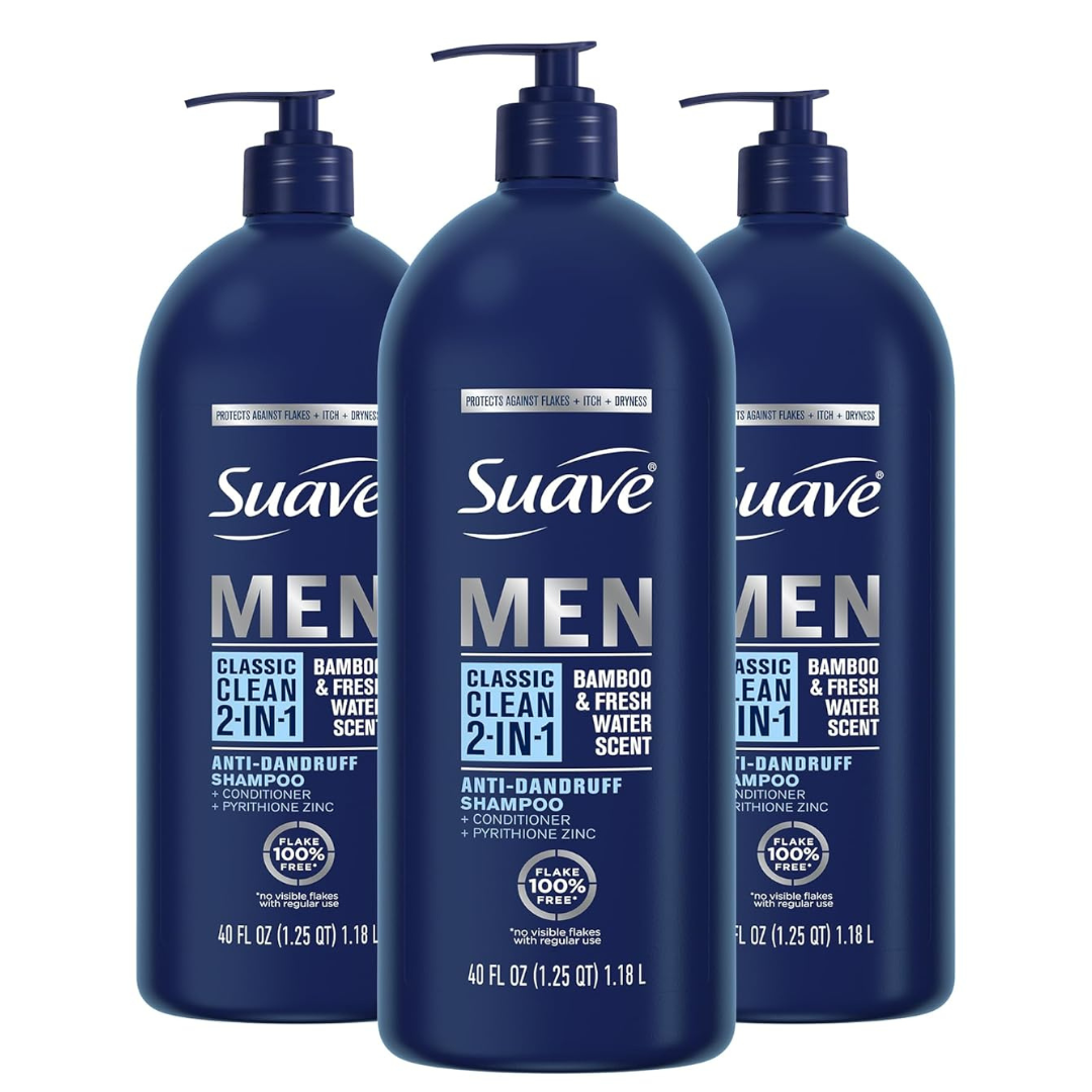 3 Bottles Of Suave Men 2 In 1 Anti Dandruff Shampoo And Conditioner, Classic Clean With Bamboo Scent (40 Oz Bottles)