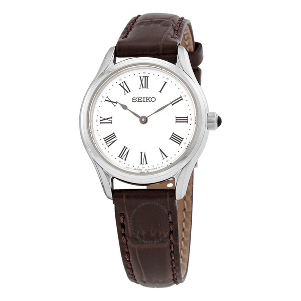 Seiko Quartz White Dial Brown Leather Ladies Watch