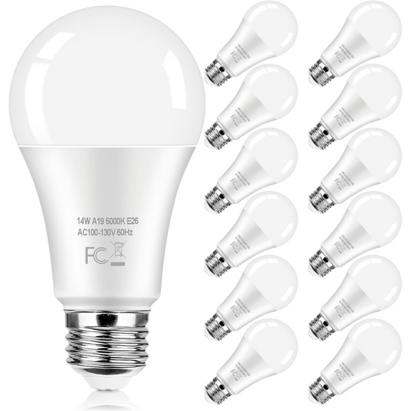 12-Pack 100 Watt Equivalent A19 14W 5000K Super Bright LED Light Bulbs