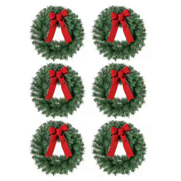 6-Pack 24" Unlit Artificial Christmas Wreath With Red Bow