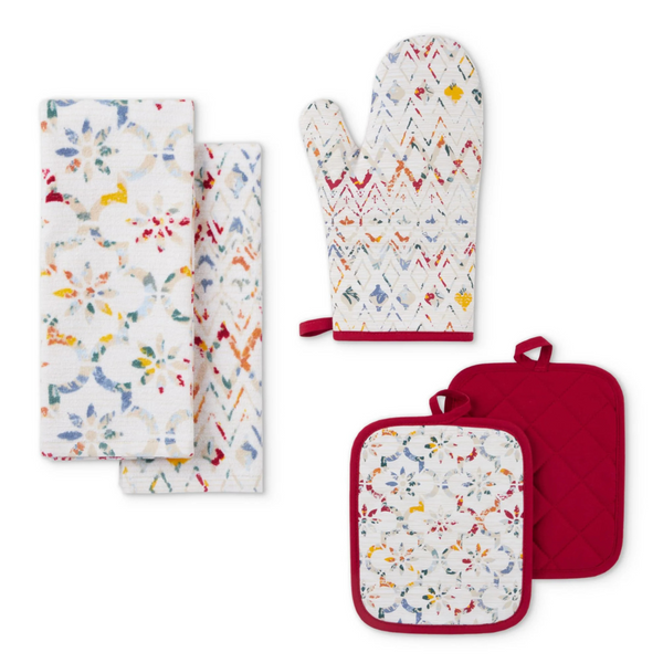 5-Piece Mainstays Ogee Tile Kitchen Towel, Pot Holder, And Oven Mitt Set