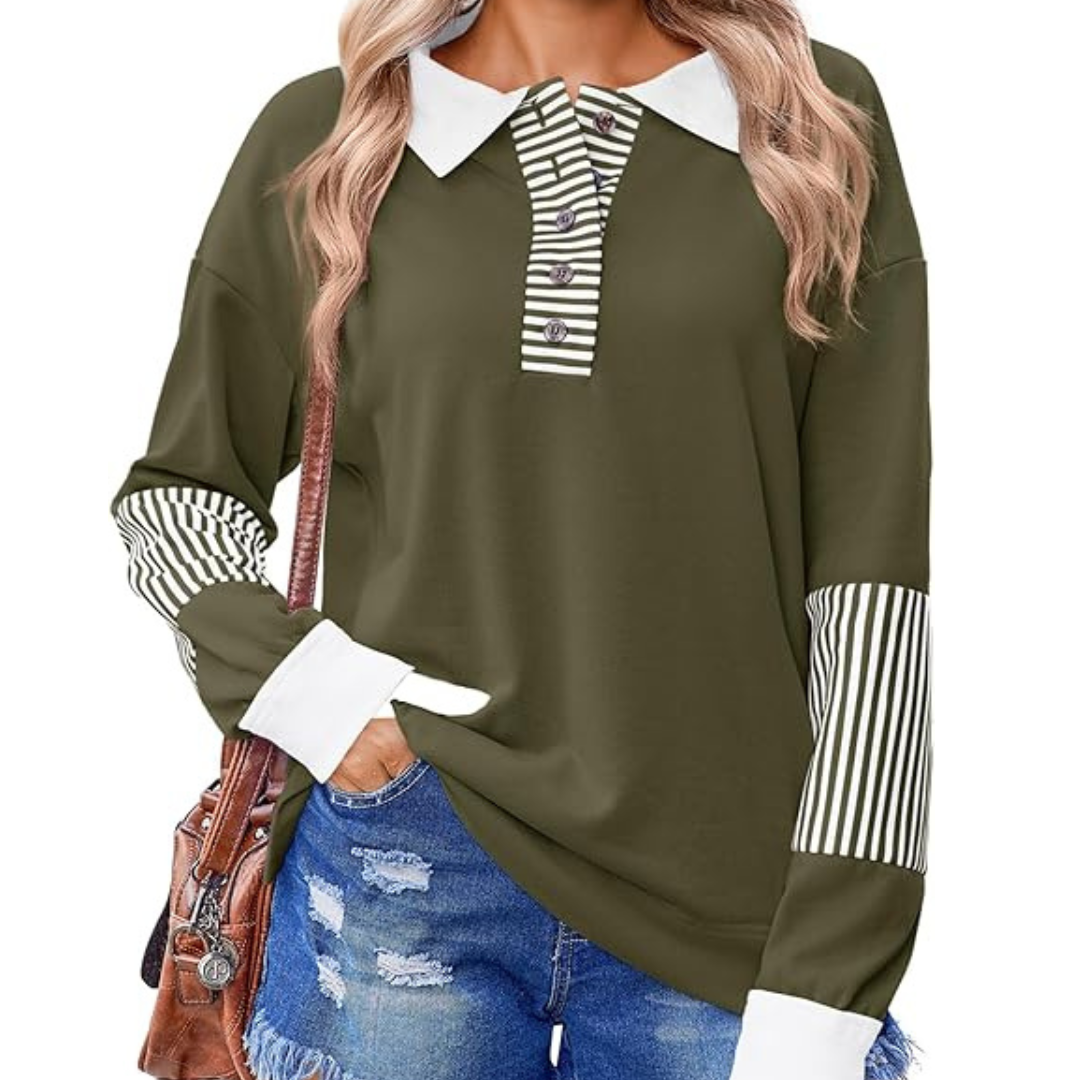 Women's Striped Long Sleeve Button Casual Pullover Tunic Tops