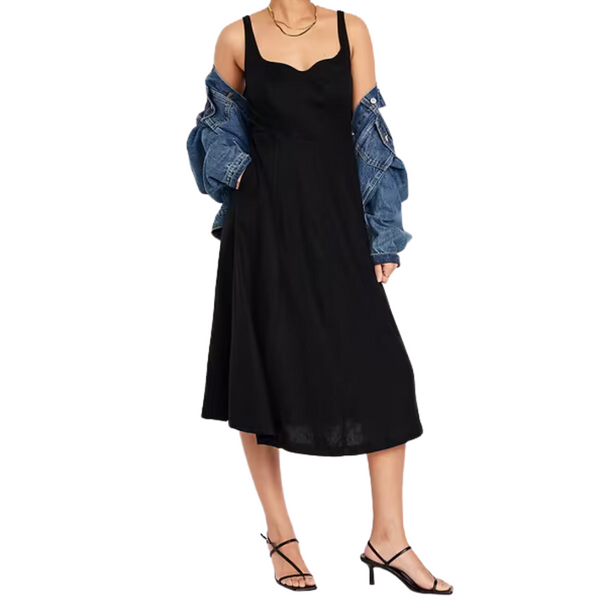 Old Navy Women's Fit & Flare Linen-Blend Midi Dress (Black Jack)