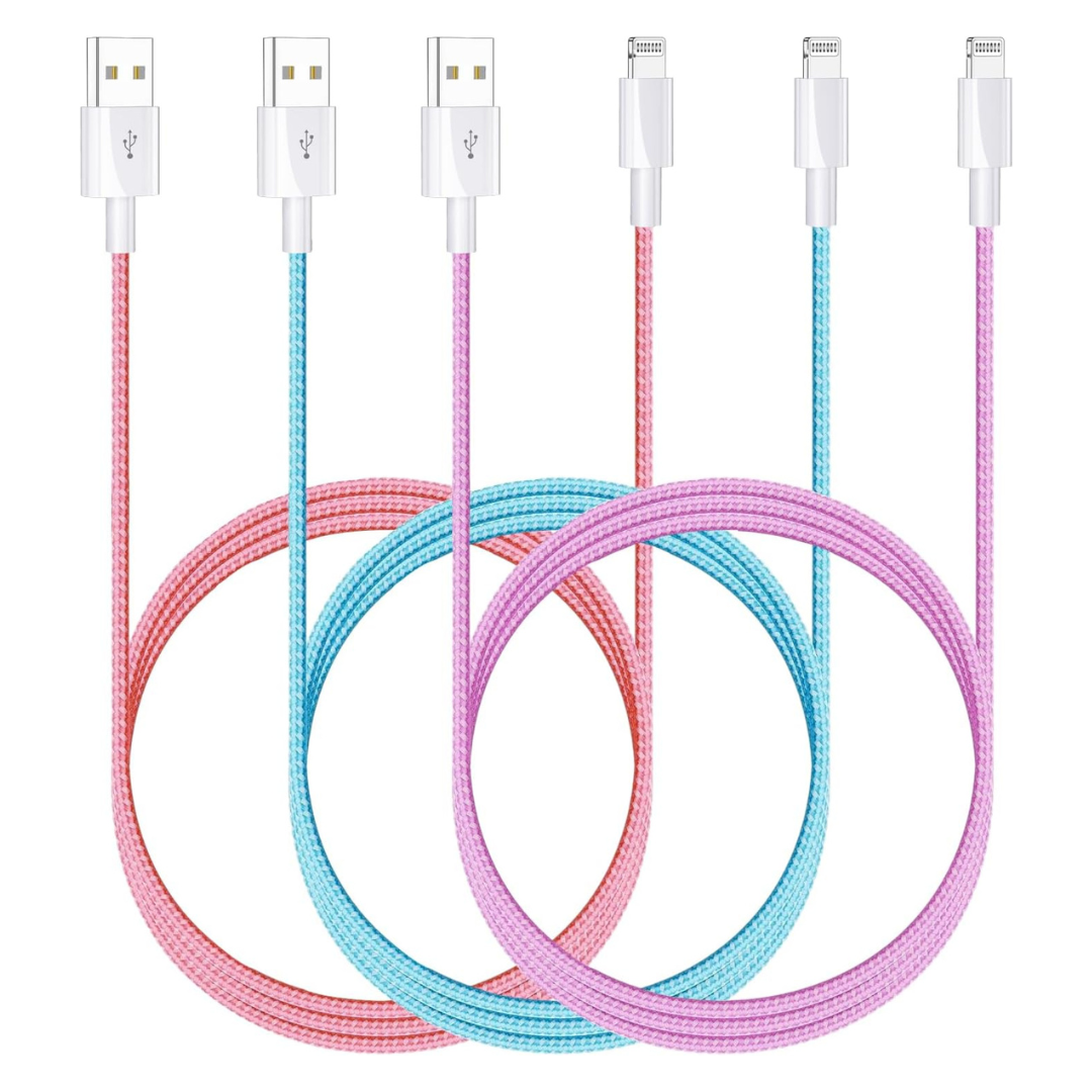 3-Pack 10ft Nylon Braided Apple MFi Certified USB Charging Cord (Various)