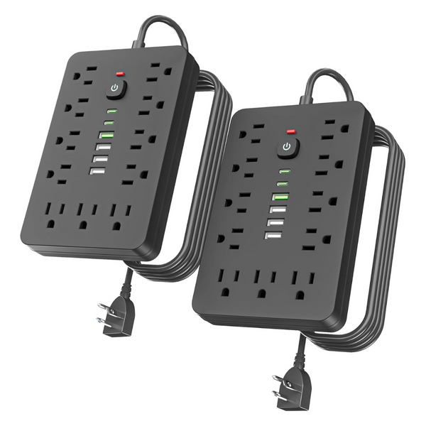 2-Pack 6Ft Flat Plug Surge Protector Power Strip