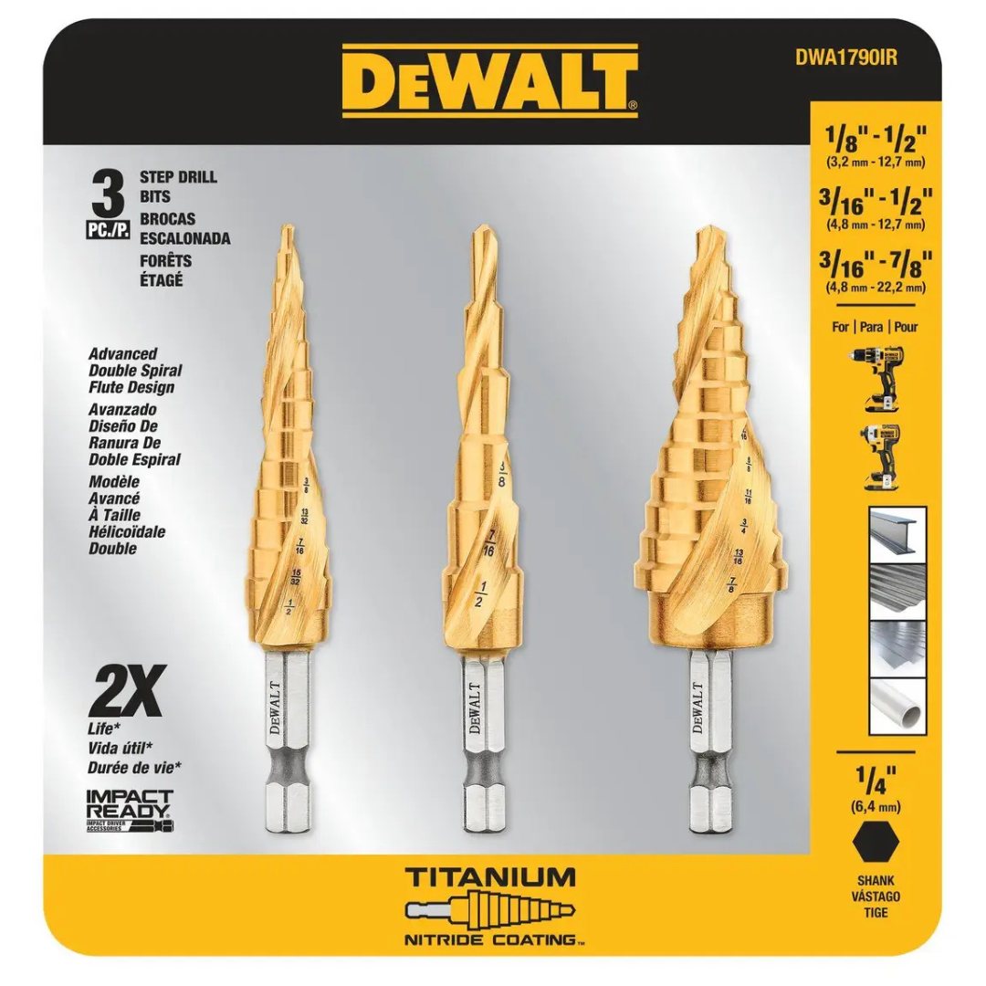 Dewalt 3-Piece Impact Ready Titanium Nitride Coating Step Drill Bit Set