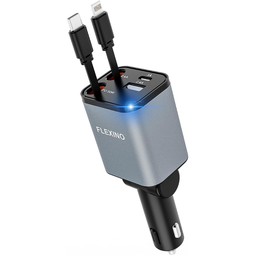 Flexino Retractable USB C Car 69W Fast Charge with Cords