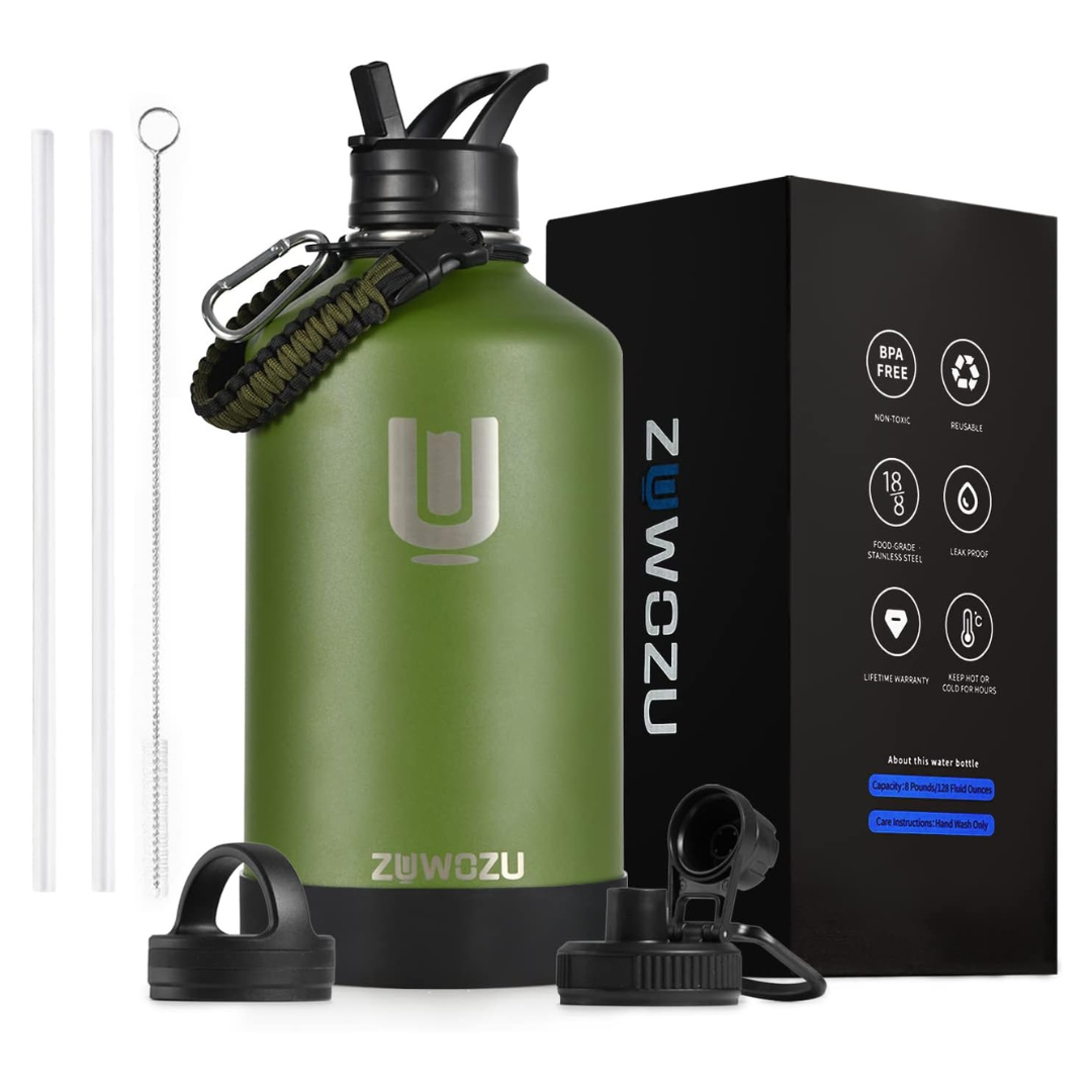 ZUWOZU 128oz Large Insulated Water Bottle With Straw & 3 Lids