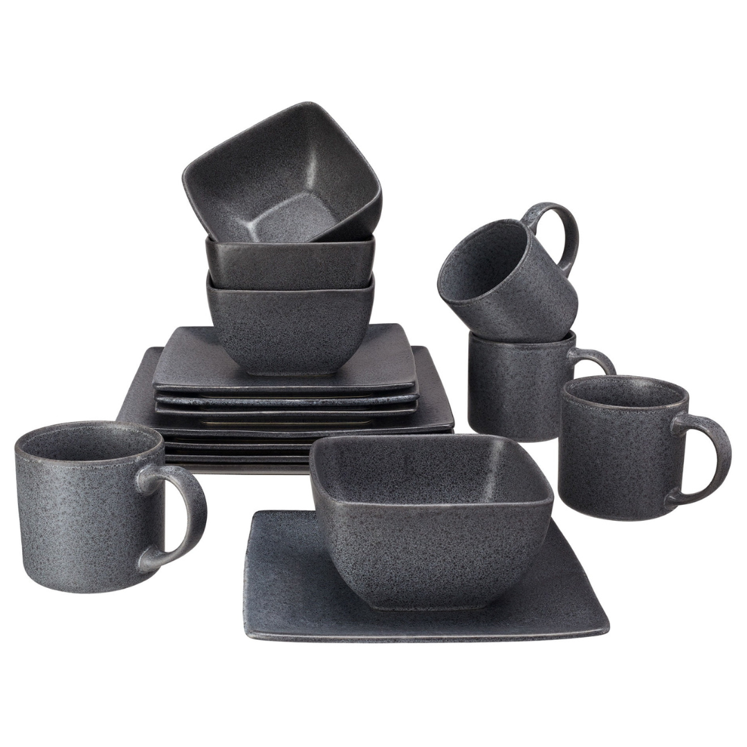 Better Homes & Gardens- Dark Gray Square Stoneware 16-Piece Dinnerware Set