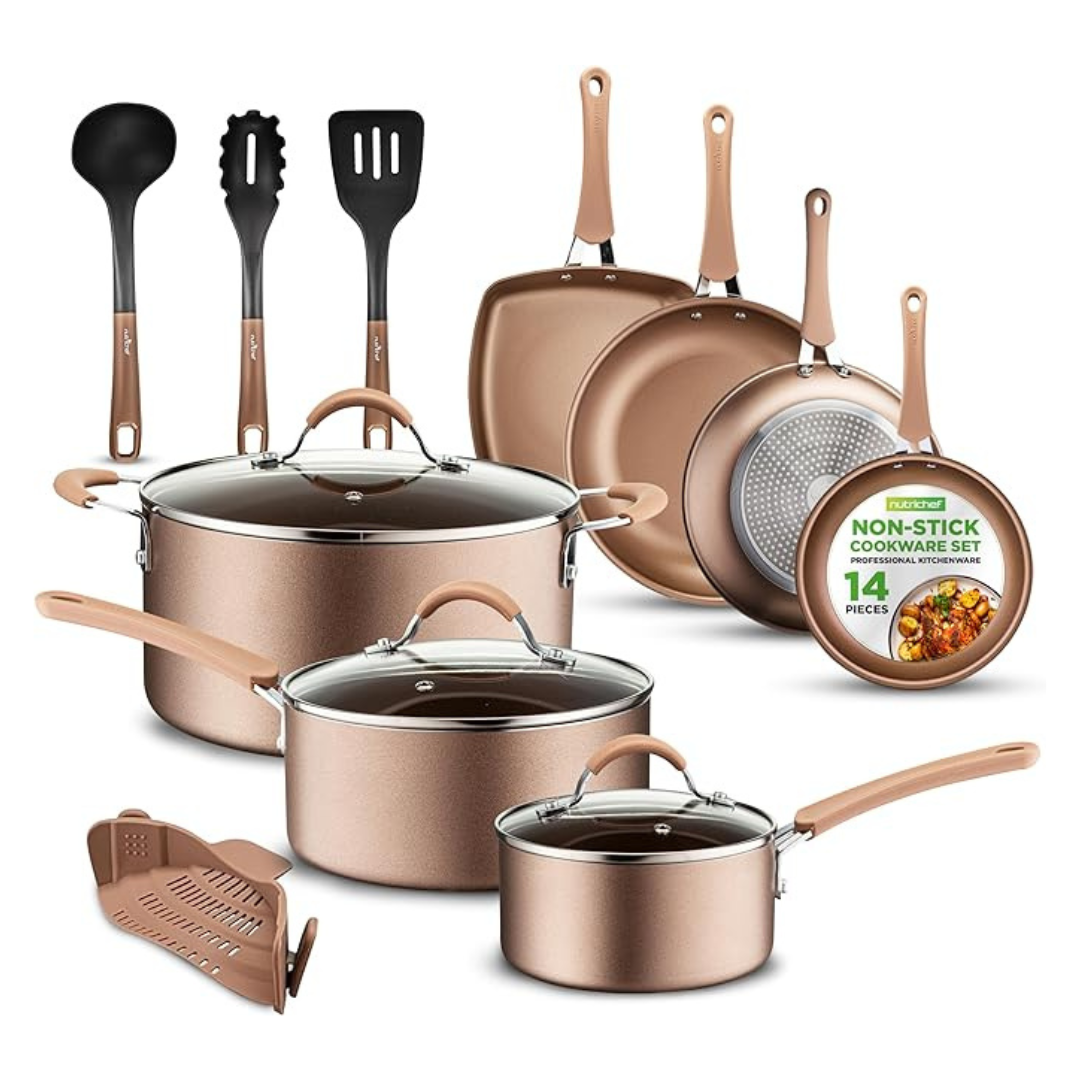 NutriChef 14-Piece Diamond Home Kitchen Cookware Set