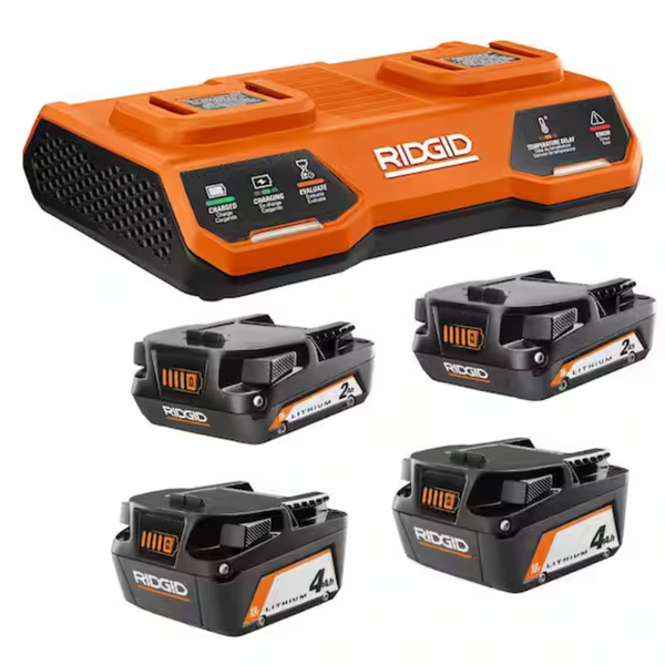 RIDGID 18-Volt Dual Port Simultaneous Charger W/ 2.0 Ah & 4.0 Ah Batteries