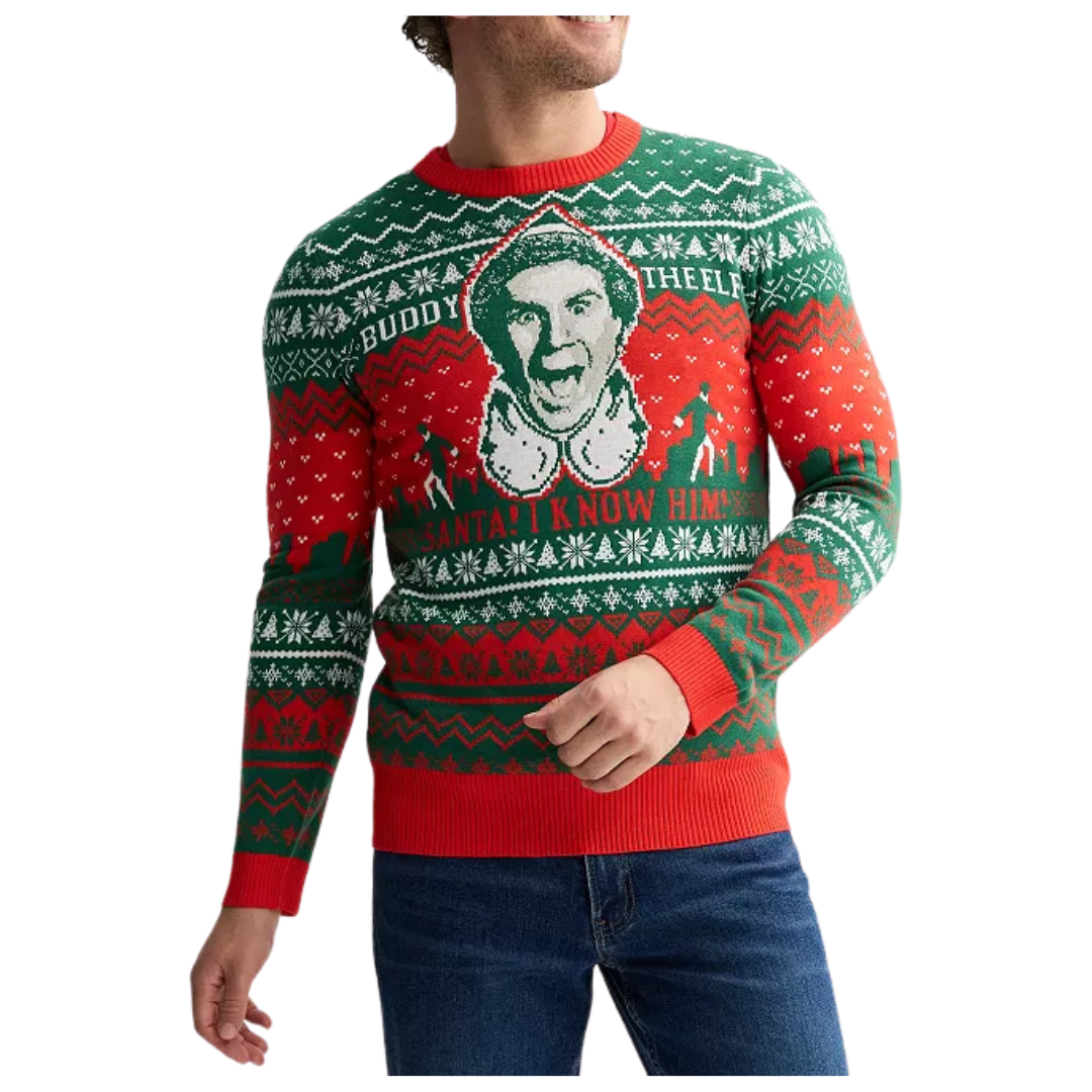 Buddy The Elf Mens Graphic Intarsia Sweater