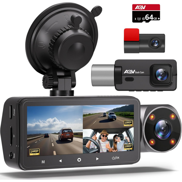 2K 1440P+1080P+1080P Night Vision 2 way Dashcam with 64GB Card