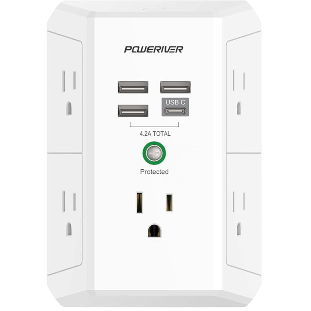 Poweriver 3-Side 5 AC-Outlet Extender Surge Protector W/ 4-USB Ports