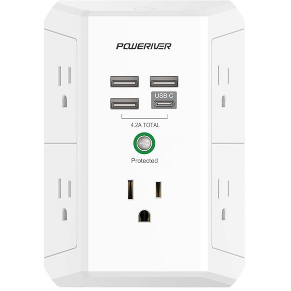 Poweriver 3-Side 5 AC-Outlet Extender Surge Protector W/ 4-USB Ports