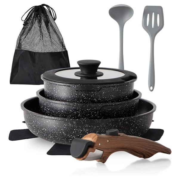 10-Piece Non Stick Pots And Pans Set With Detachable Handle