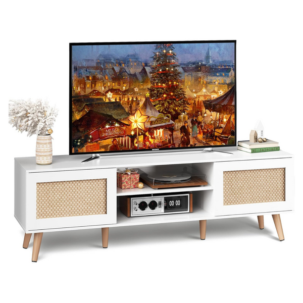 WLIVE Boho Entertainment Center For 58" TV With 2 Rattan Storage Cabinets, White