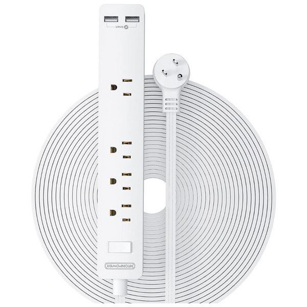 Wall Mount 25ft Flat Extension Cord With 4 Outlets And 2 USB Ports