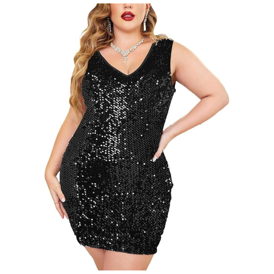 Women's Plus Size V Neck Glitter Sequin Dress