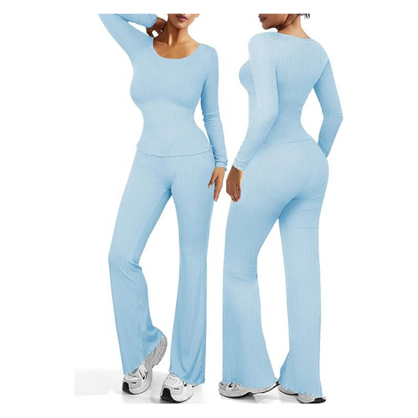 Women's Ribbed Knit Long Sleeve Top And Flare Pant Set