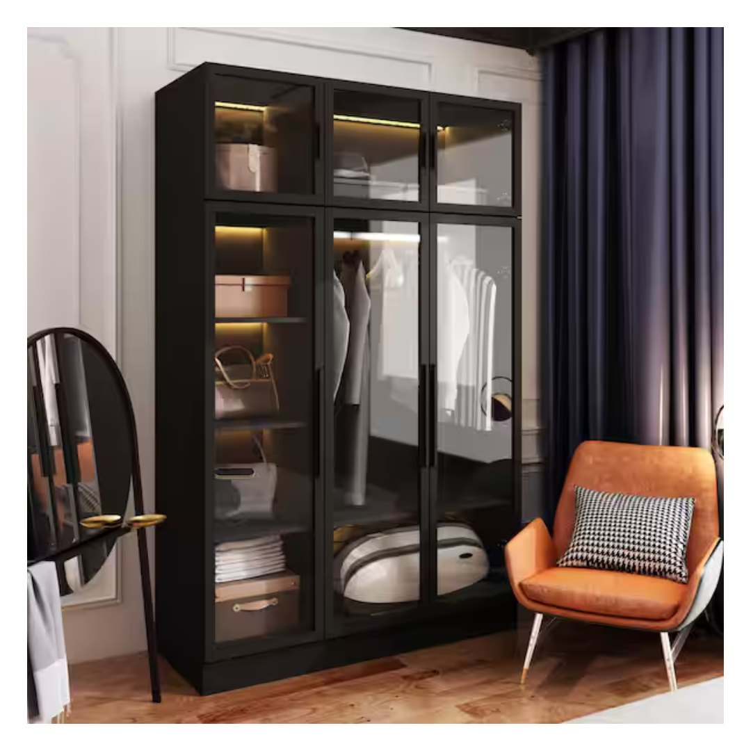 Glass Door Wood Armoire With LED Lighting