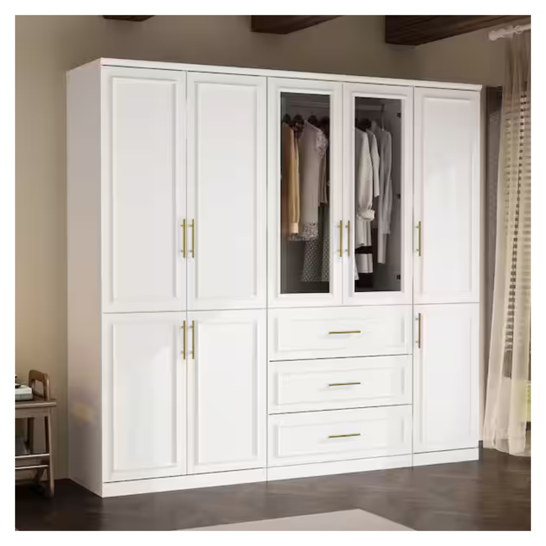 3-Combination White Wood 79.1"W 8-Door Big Armoires