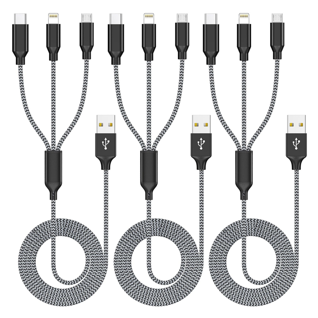 3-Pack 4ft 3-in-1 USB-C/Micro/Lightning Multi Charging Cables