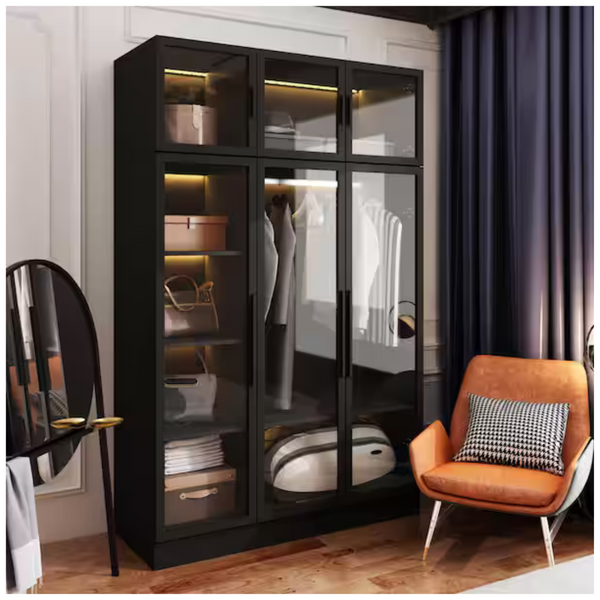 Glass Door Wood Armoire With LED Lighting