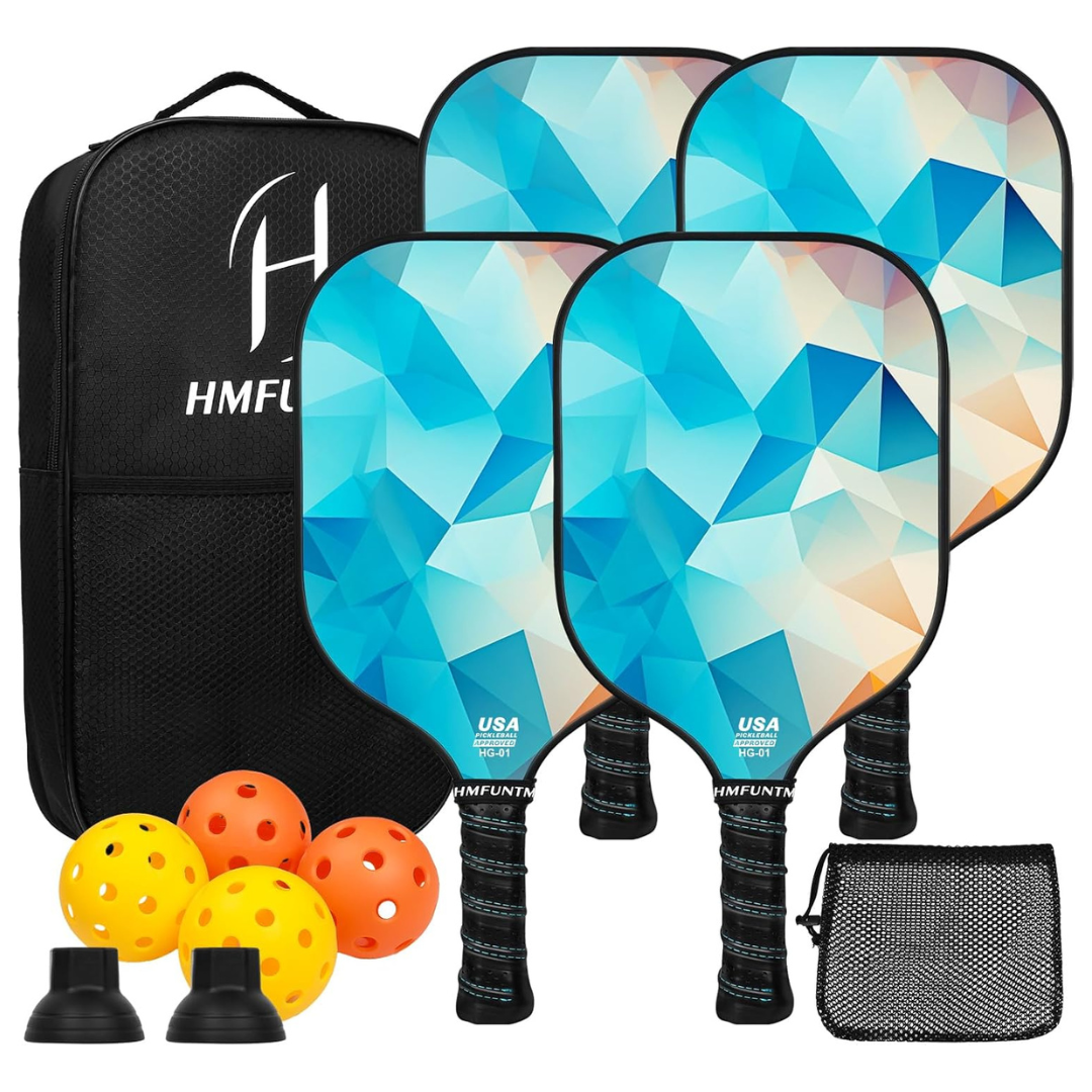 HMFUNTM Fiberglass Pickleball Set w/ 4 Rackets, 4 Pickle Balls & Carry Bag