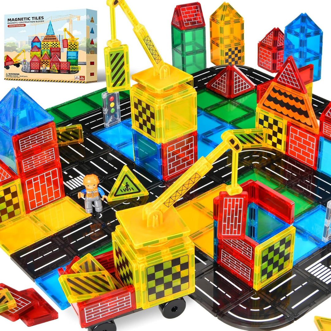 64-Piece Kids Magnetic City Construction Building Tiles Road Set