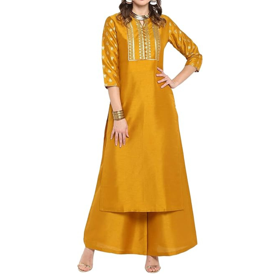 Janasya Indian Women's Mustard Yoke Printed Poly Silk Kurta with Palazzo