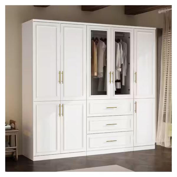 3-Combination White Wood 79.1"W 8-Door Big Armoires