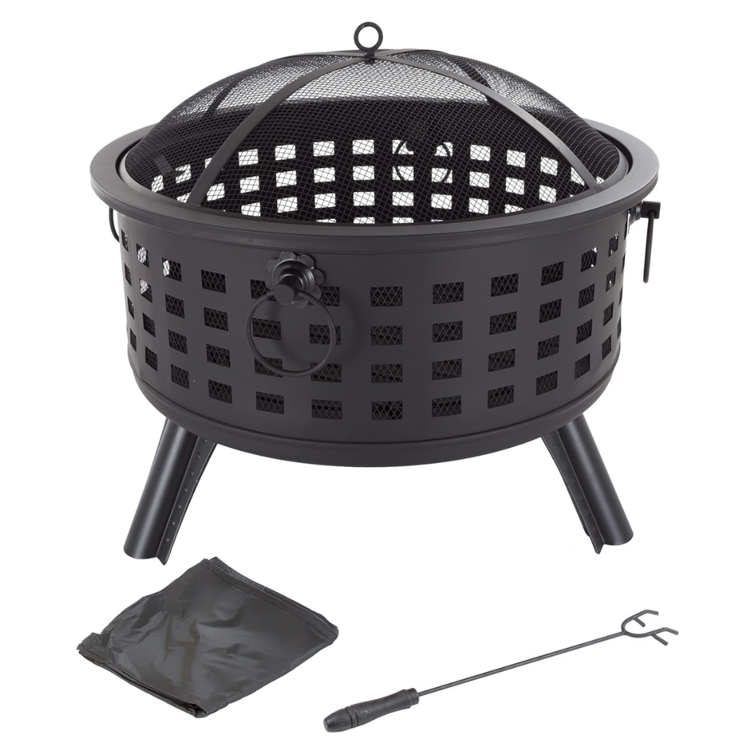 26" Round Lattice Wood Burning Firepit With Screen