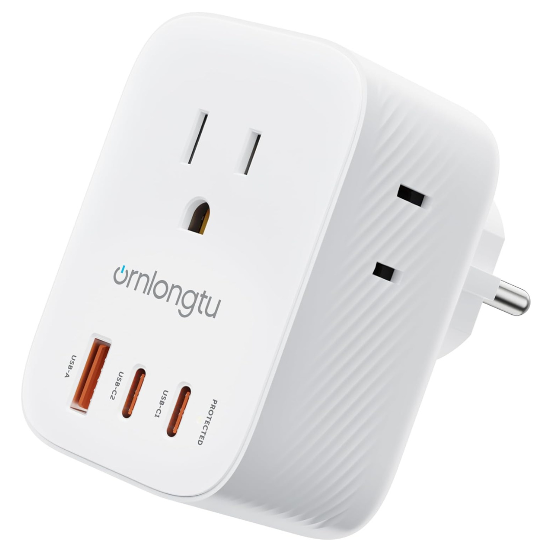 Ornlongtu 6-in-1 20W US to Europe Travel Plug Adapter W/ 3-USB Port