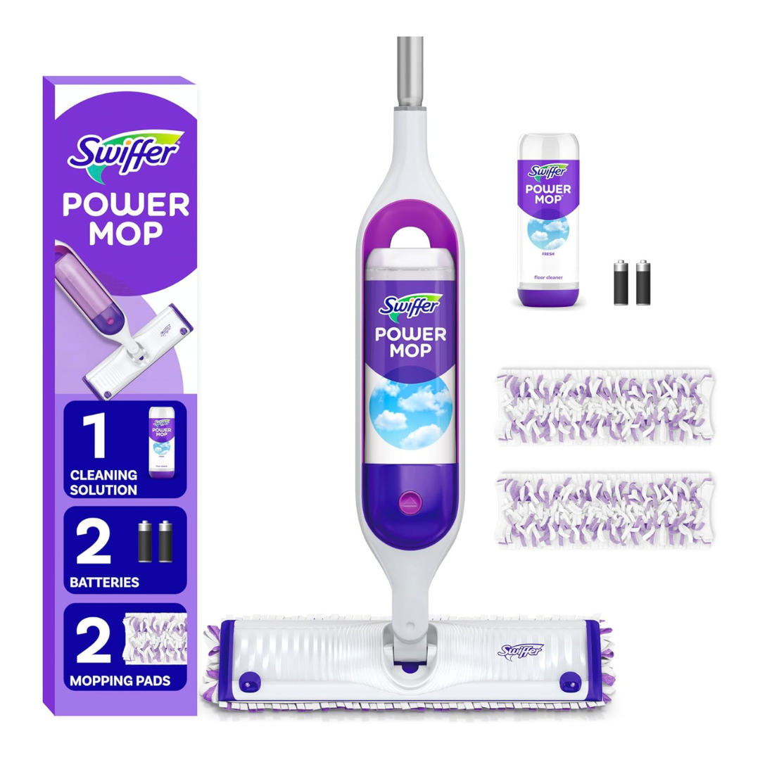 Swiffer PowerMop Multi-Surface Mop Kit For Floor Cleaning, Includes PowerMop, 2 Mopping Pad Refills, 1 Cleaning Solution With Fresh Scent And 2 Batteries