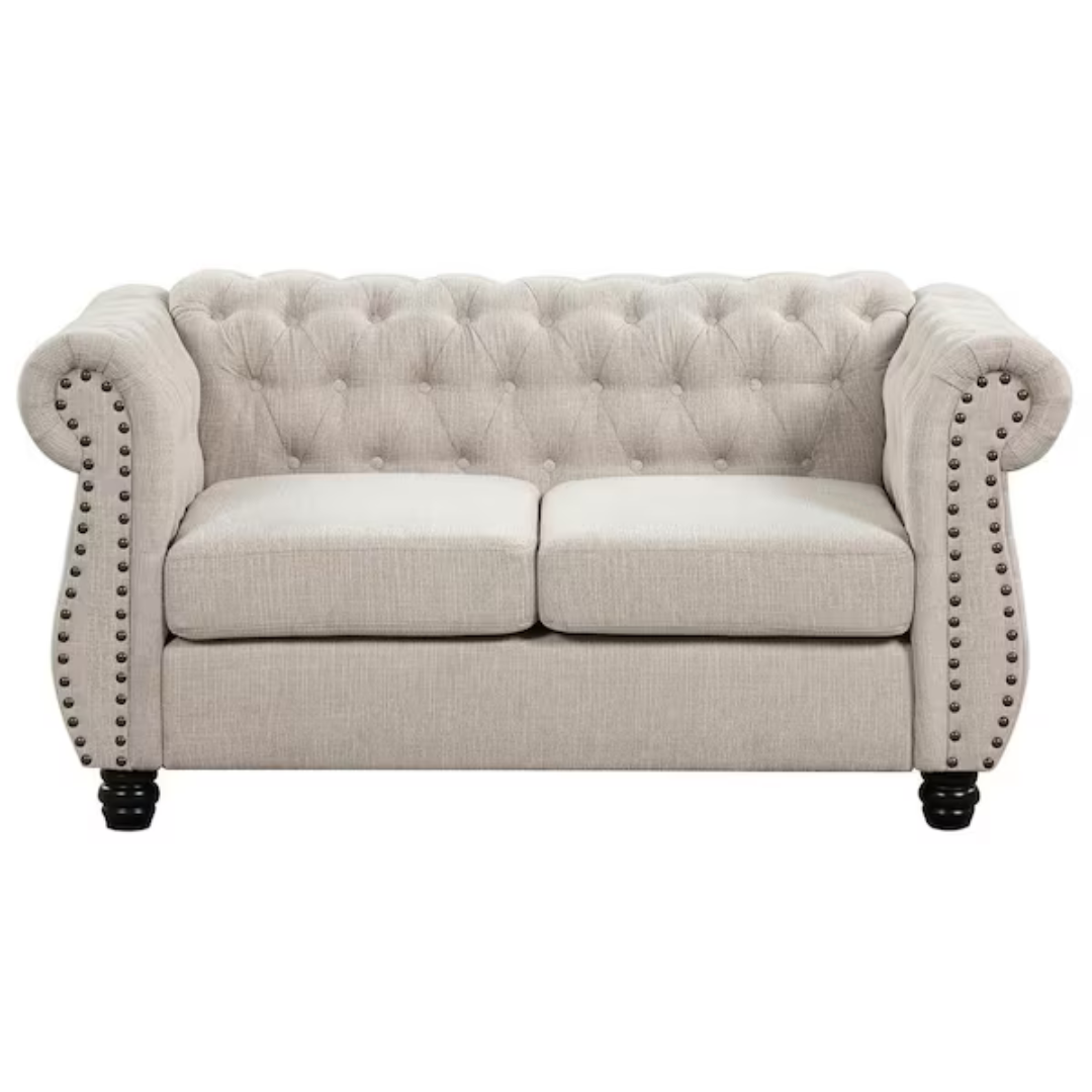 Chesterfield Couch 61" Beige Button Tufted Chenille Cushion Seats Loveseat