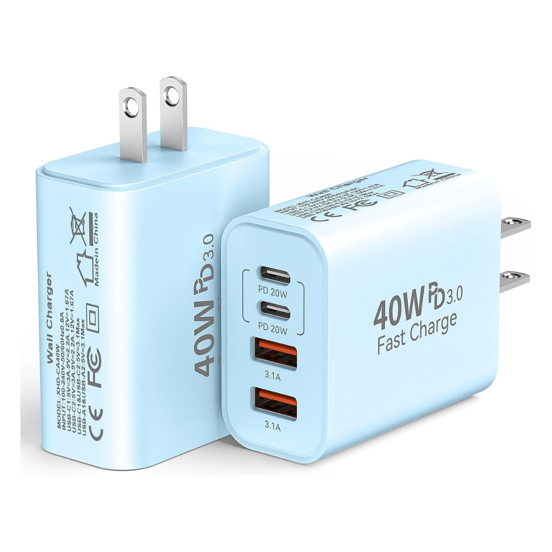 2-Pack 4-Port PD+QC 40W USB C Wall Charger Block